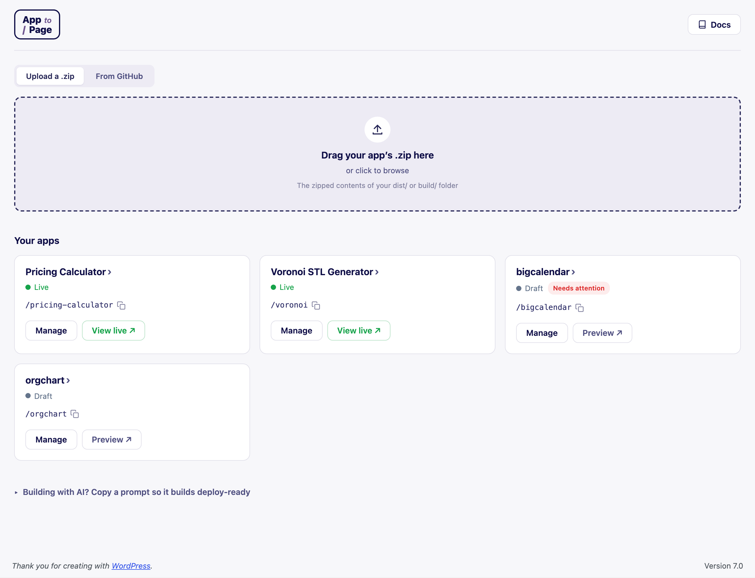The App To Page dashboard: a dropzone at the top and a list of app cards, each showing its URL and whether it's live or a draft.
