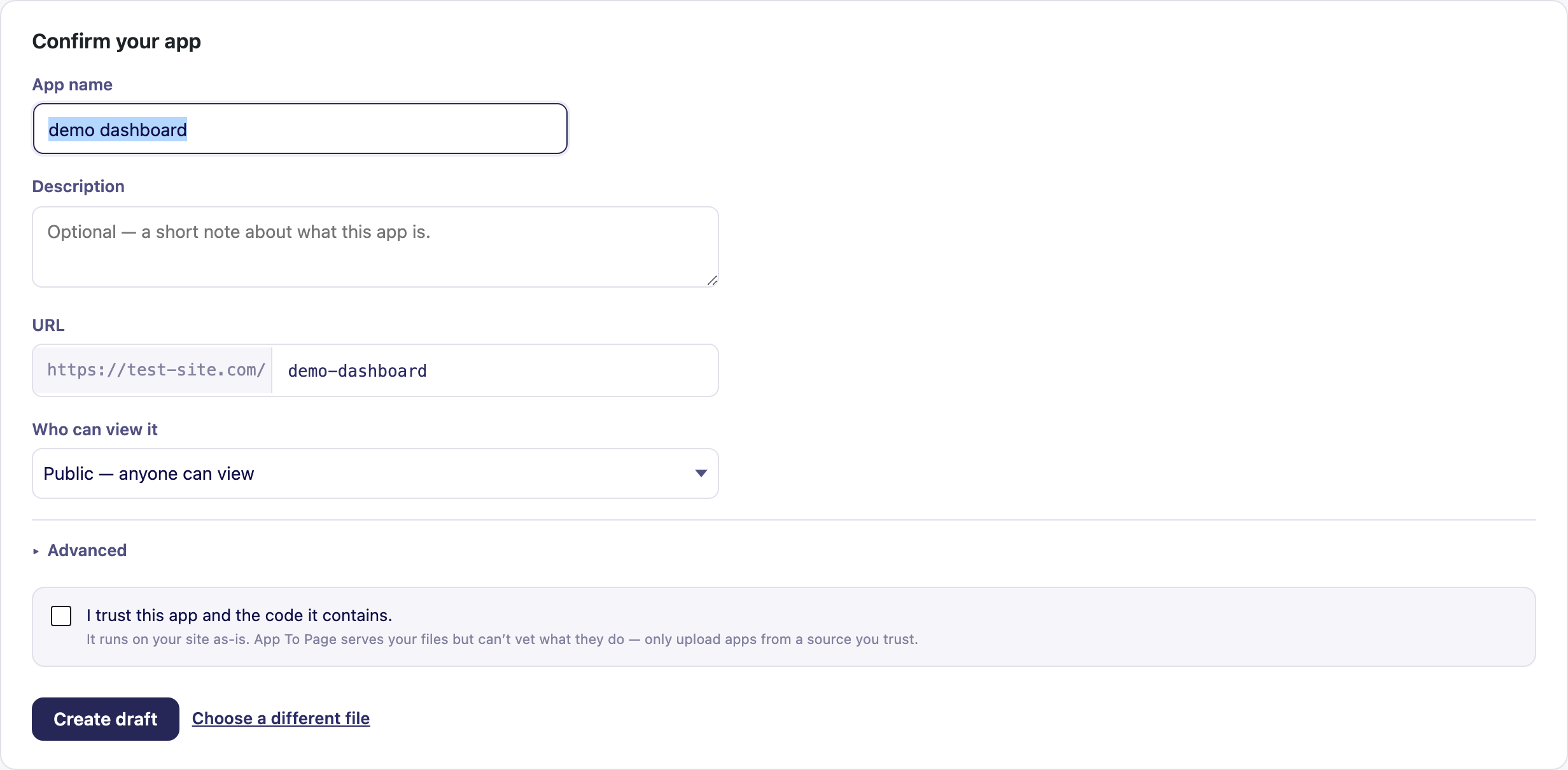 The Confirm your app card: app name, description, URL, who-can-view-it, an Advanced section, and a trust checkbox.