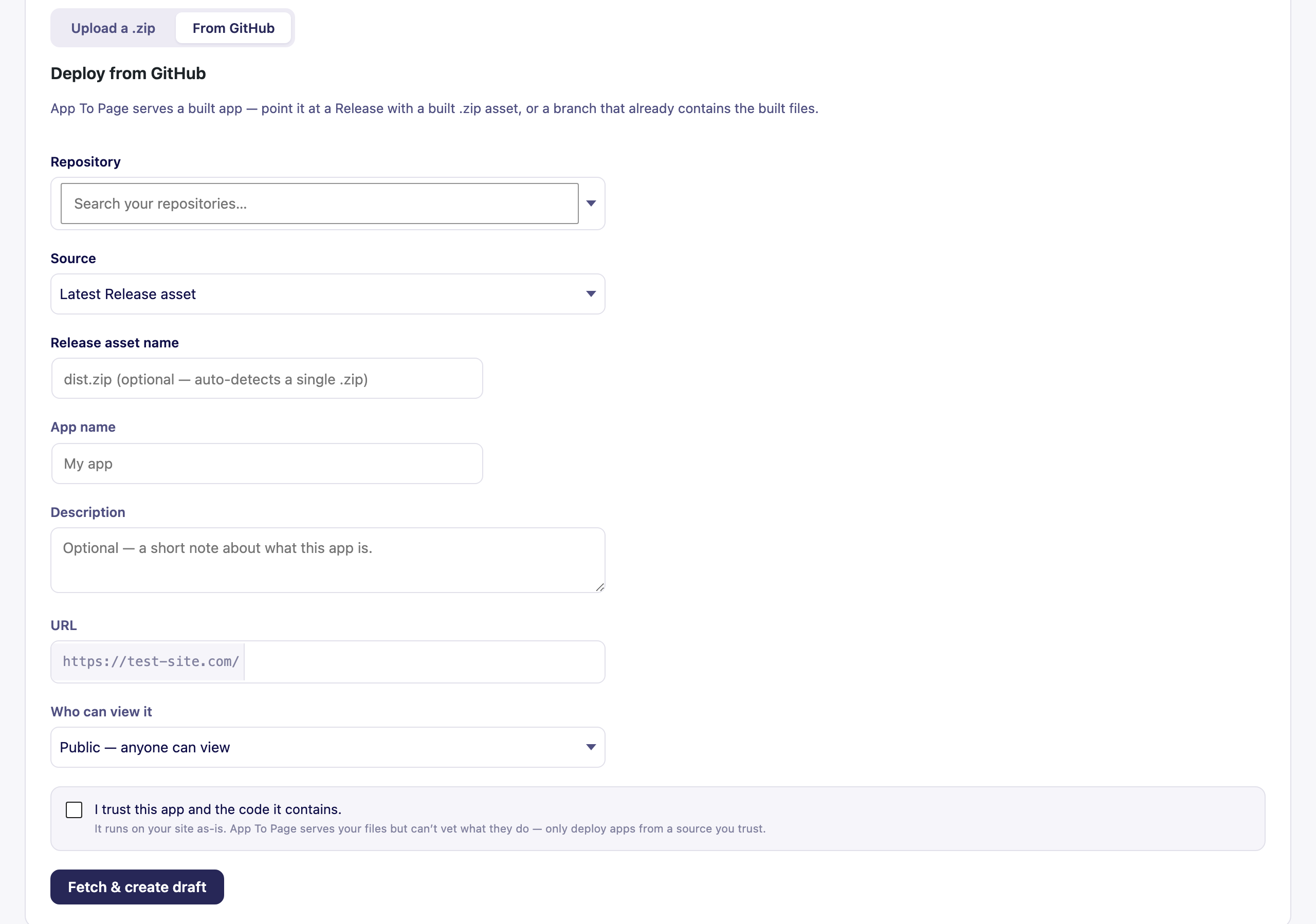 The Deploy from GitHub form: repository picker, source, release asset name, app name, URL, and visibility.