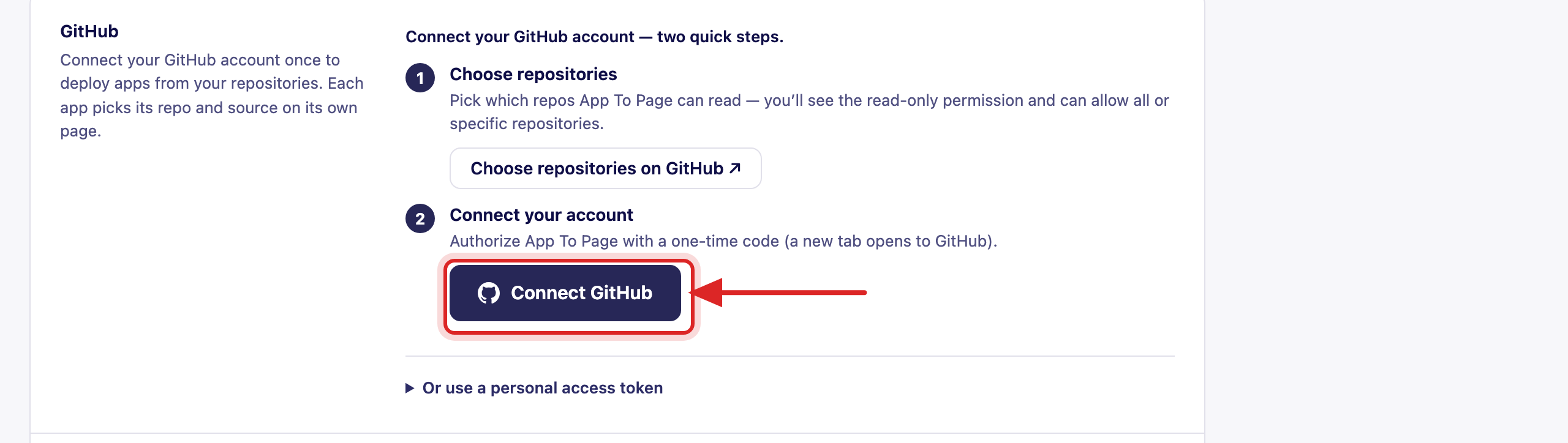 The GitHub section of App To Page Settings, showing the two-step connect flow with the Connect GitHub button highlighted.